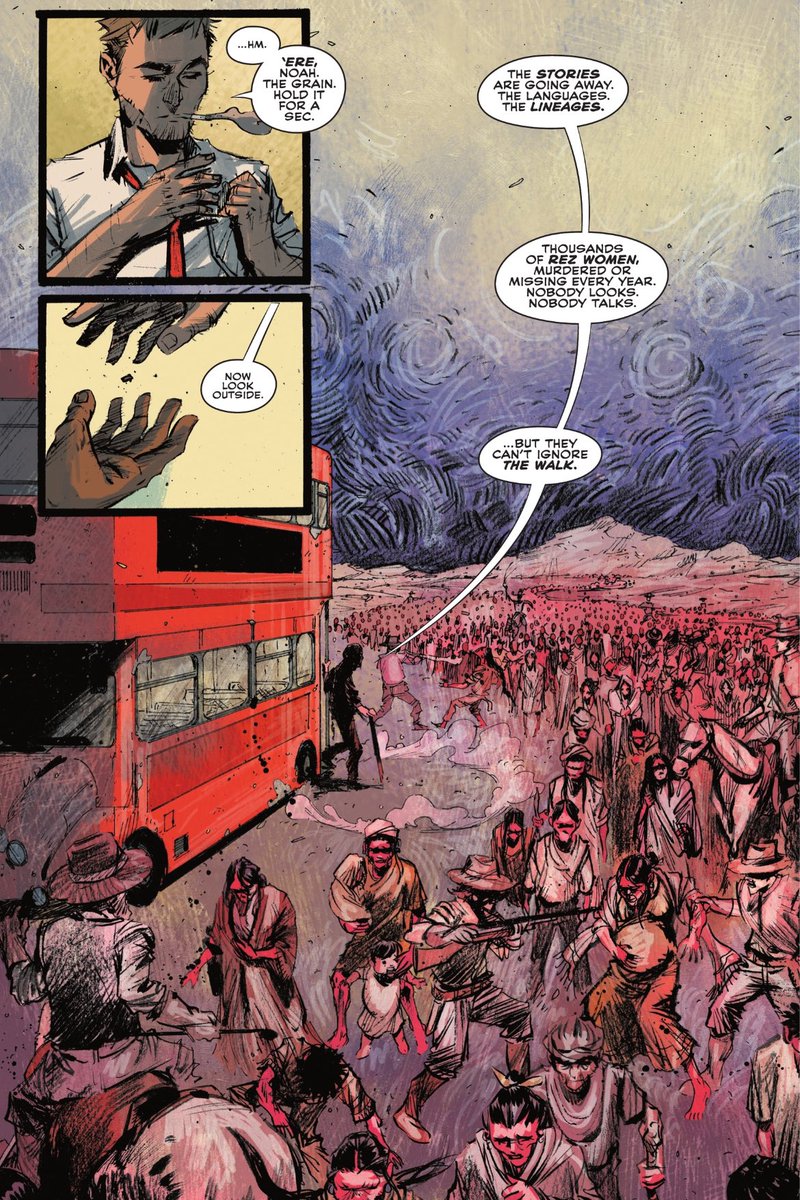 MMIW being acknowledged in Hellblazer, and acknowledgement of the trail of tears. I’m so glad this isn’t being ignored in the discussion of American political failings. [Spoilers for John Constantine: Hellblazer: Dead in America, issue 5]
