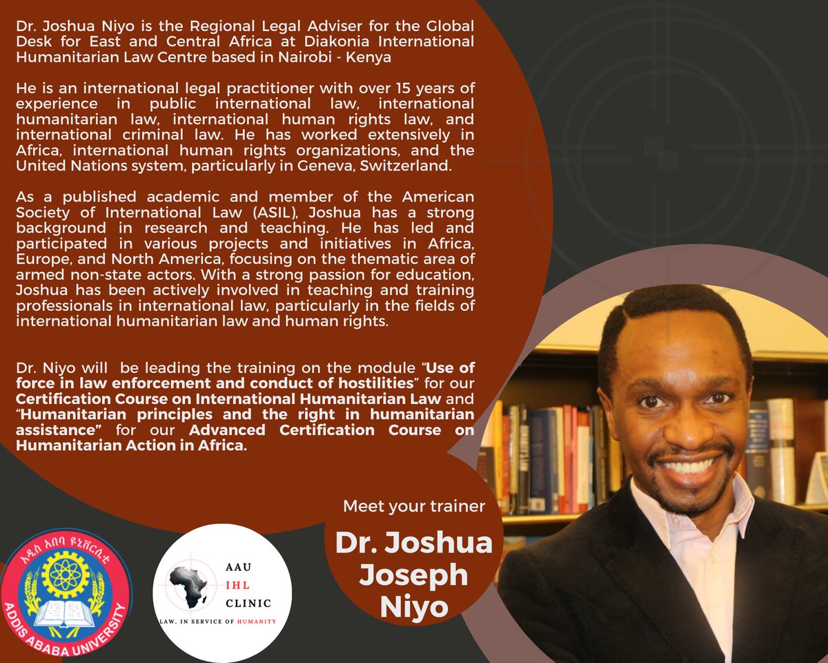 Meet <a href="/JNiyo/">Joshua Joseph NIYO</a> the Regional Legal Adviser for East &amp;central  Africa at <a href="/IHLCentre/">IHL Centre</a> leading “Use of Force in Law Enforcement &amp; Conduct of Hostilities” for our IHL Course &amp; “Humanitarian Principles &amp; the Right for Humanitarian Assistance” for the course on Humanitarian Action in Africa