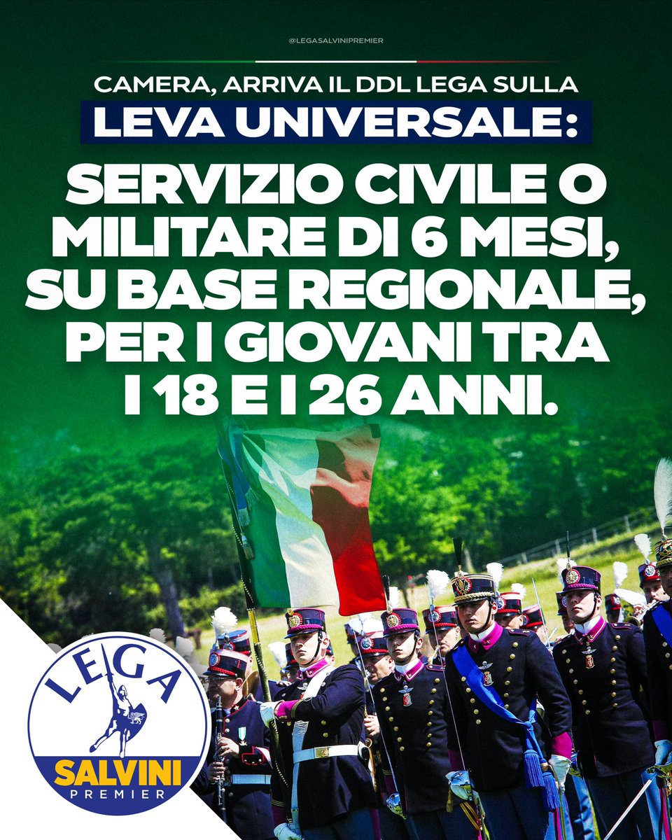 matteosalvinimi's tweet photo. ✅ Depositata alla Camera la proposta di legge della Lega per reintrodurre sei mesi di servizio civile o militare per i ragazzi tra i 18 e 26 anni, su base regionale e da svolgere esclusivamente in Italia.
Ne sono convinto. È una forma di educazione civica al servizio della comunità, di disciplina, di attenzione al prossimo e rispetto per se stessi e per gli altri che potrà avere effetti molto positivi.