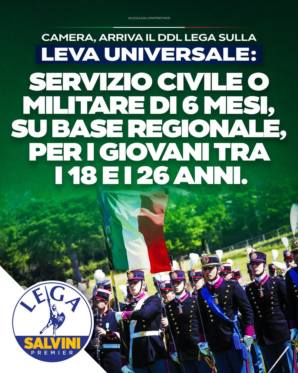 ✅ Depositata alla Camera la proposta di legge della Lega per reintrodurre sei mesi di servizio civile o militare per i ragazzi tra i 18 e 26 anni, su base regionale e da svolgere esclusivamente in Italia. Ne sono convinto. È una forma di educazione civica al servizio della