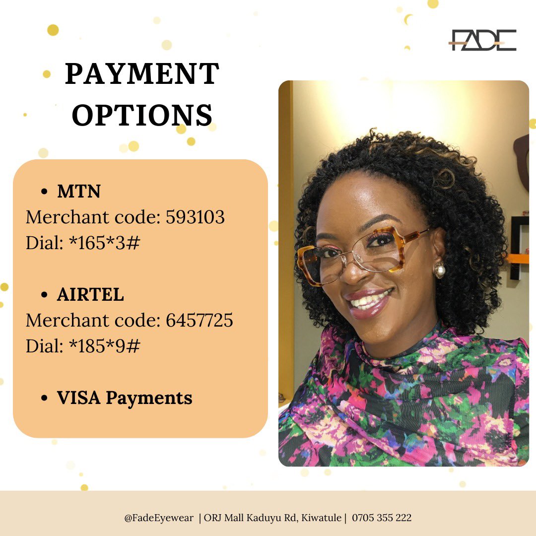 We accept cash, mobile money, and Visa card payments for all purchases and bookings.

☎️: 0705 355 222
📍: ORJ Mall Kaduyu Rd, Kiwatule
🚛: Nationwide delivery at a fee 

#Eyewear #Eyeglasses