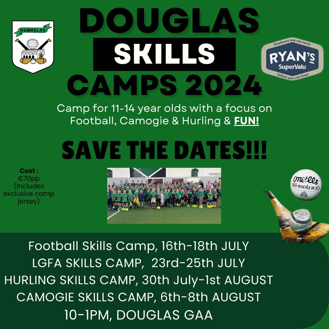 GavinPromotion's tweet photo. Online booking for the @DouglasGAAClub @ryanssupervalu Summer Fun and Skills Camps will close Sunday 26th of May at midnight. There is still spaces left so please book ASAP to avoid disappointment . 

https://t.co/RSmCzQHHPJ https://t.co/pgtJkmnrFC