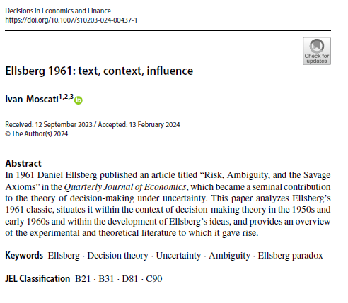 "Ellsberg 1961: Text, Context, Influence” by Ivan Moscati (<a href="/gaddus2016/">Ivan Moscati</a>) published Open Access in Decisions in Economics and Finance (fascia A)

doi.org/10.1007/s10203…