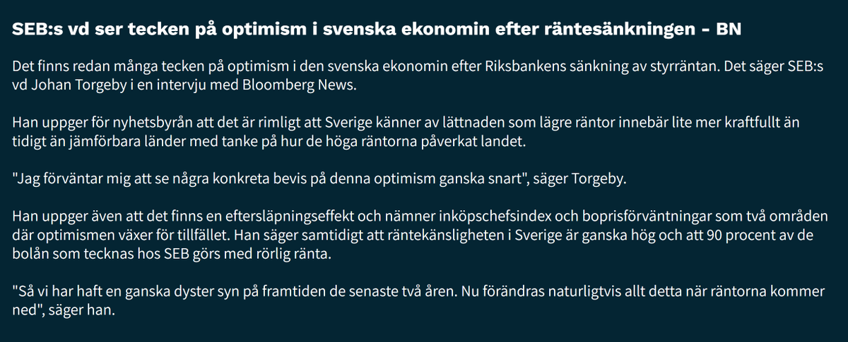 Investeraren's tweet photo. SEB:s vd Johan Torgeby ser tecken pÄ optimism i svensk ekonomi efter Riksbankens rÀntesÀnkning - det sa han i en intervju med Bloomberg News #PrataPengar #Finwire https://t.co/vmUbyOrfmk