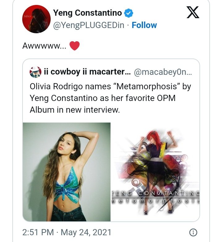 Bb_menita03's tweet photo. 25. yeng constantino thought olivia rodrigo cited her album from a fan-made news tweet https://t.co/0IGy760A7R