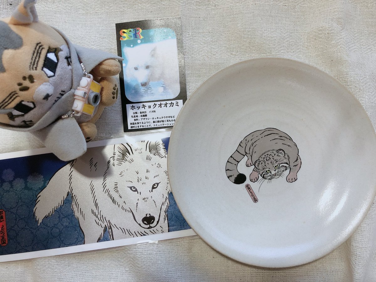那須で買ったマヌルネコの益子焼のお皿とレタㇻっぽい白いオオカミのステッカー