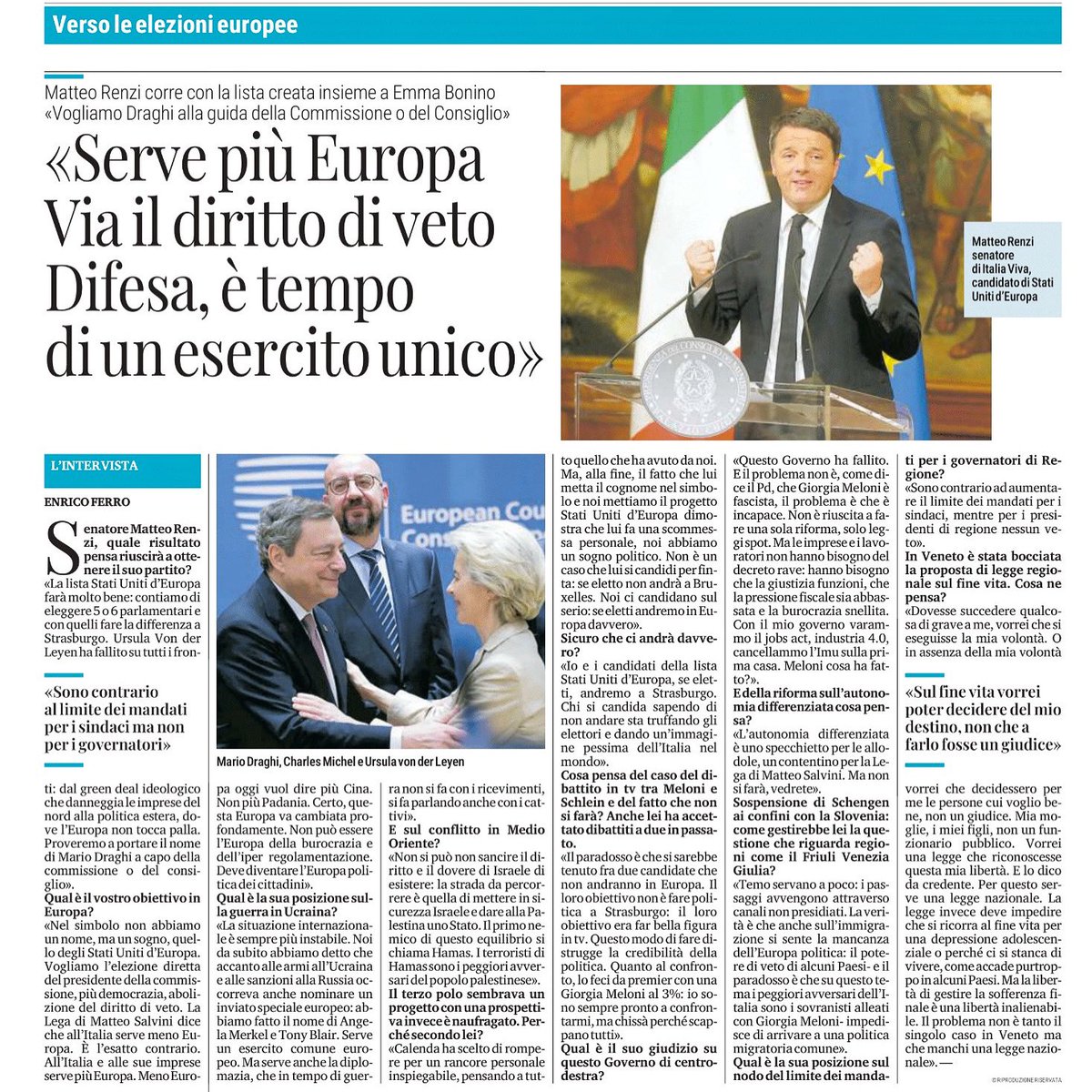 FvgViva's tweet photo. Oggi il nostro @matteorenzi dalle colonne del @il_piccolo e @messveneto 🗞spiega la nostra ricetta per l’Europa 🇪🇺

#ElezioniEuropee
#StatiUnitidEuropa https://t.co/sowiEI72EP