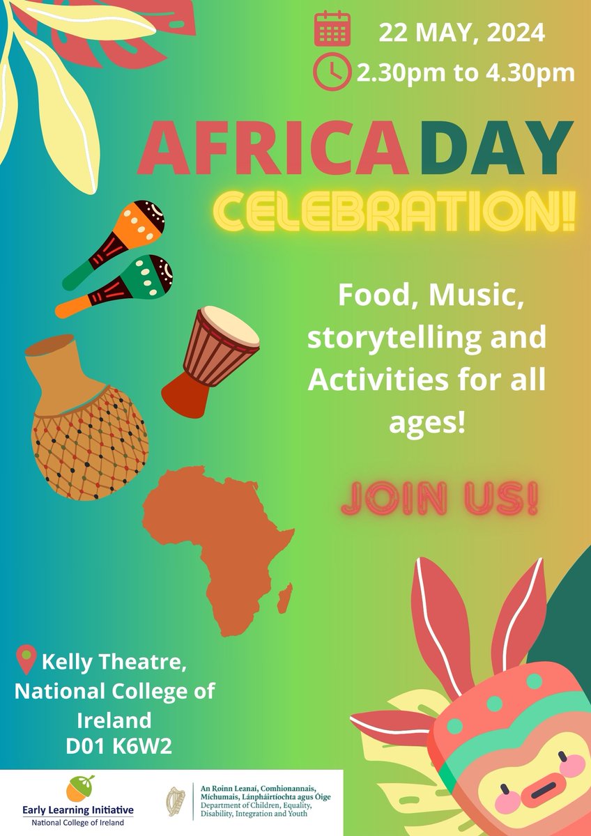 Join in the Africa Day celebrations tomorrow in the @ncirl from 2:30-4:30pm🪇There will be food, music, storytelling and activities for all ages! #NEIC #AfricaDay