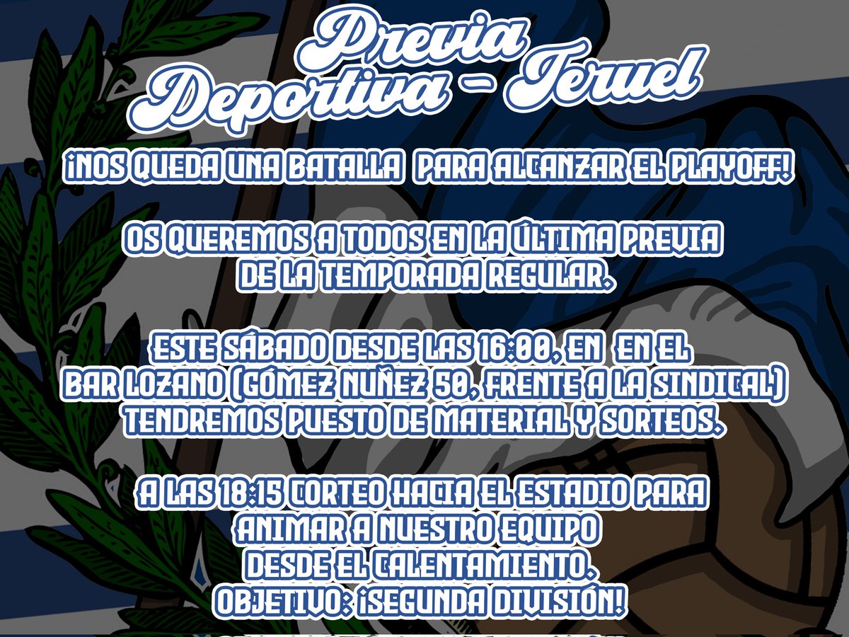 Este sábado no hay excusas para fallar. Estamos a 90 minutos del playoff y lo vamos a conseguir Trae tu bandera o bufanda blanquiazul y nos vemos en la previa en el Bar Lozano, frente a la sindical. Después realizaremos un corteo al estadio para animar desde el calentamiento.