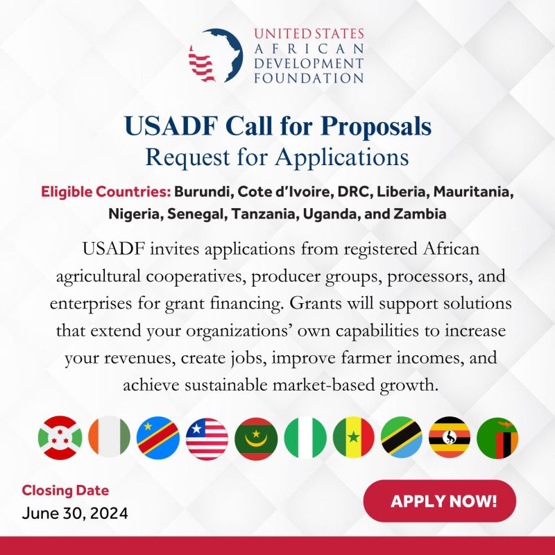 🌍 The USADF is offering grants to support African agricultural cooperatives, producer groups, processors, and enterprises.

Benefits
💰 Up to $250,000 in grant financing
📈 Increase revenues and create jobs

Deadline: June 30
Details: shorturl.at/Oxu98

#AfricaDevelopment
