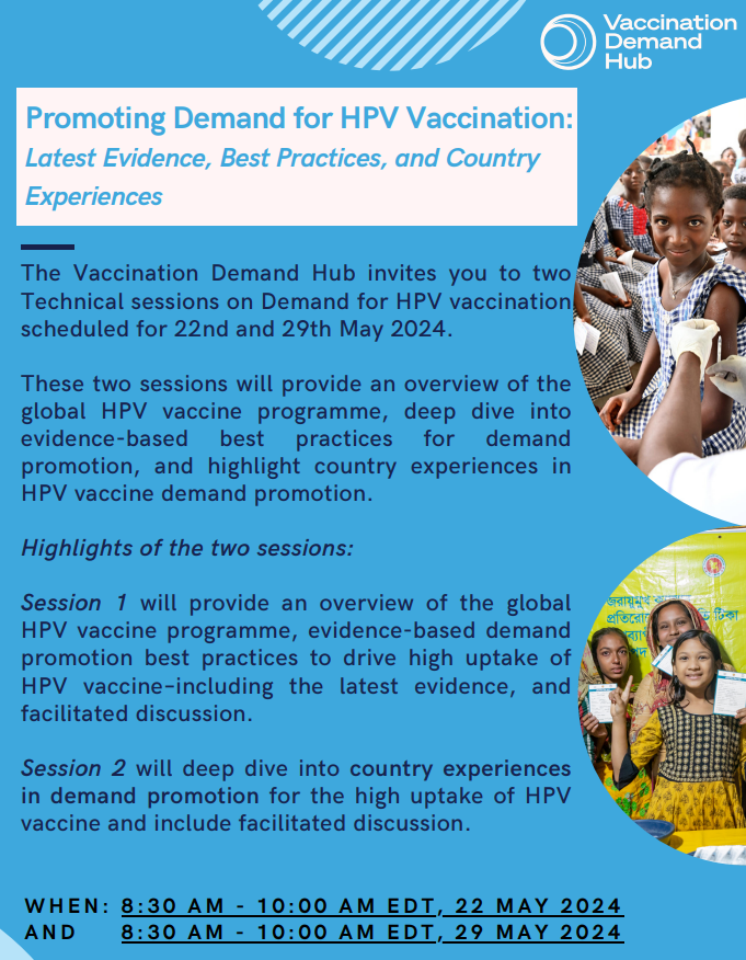 To support the rollout & scale-up of #HPV vaccines, Vaccination Demand Hub is hosting 2 sessions to share country experiences + best practices. PATH Director of HPV Vaccine Programs Cathy Ndiaye will present at the session on May 22. Join us: bit.ly/3K7SejY #VaccinesWork