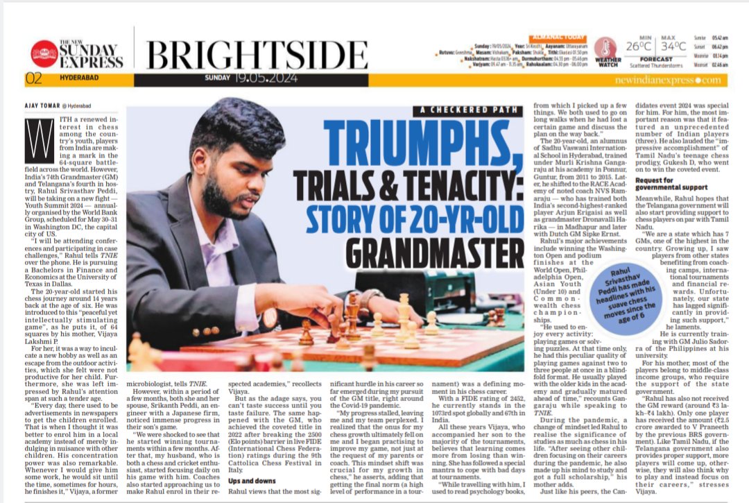 Triumphs, trials and tenacity: Story of 20-year-old Grandmaster, Rahul Shrivastava P, India's 74th and #Telangana's fourth. @XpressHyderabad @Kalyan_TNIE @santwana99 @aicfchess @PrasannaRS2