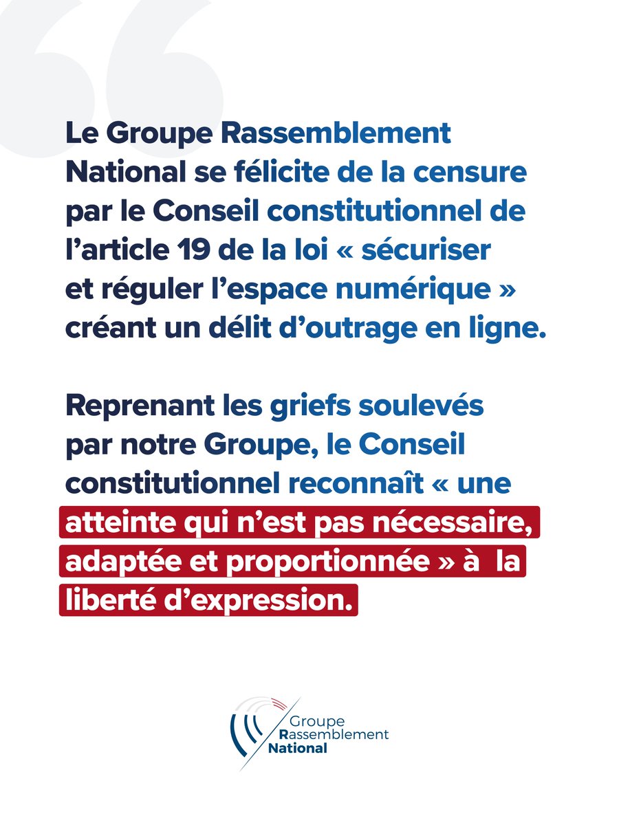 ✍🏻 Censure du délit d’outrage en ligne dans la loi « sécuriser et réguler l’espace numérique » : victoire du recours des députés @RNational_off devant le Conseil constitutionnel. #DirectAN #LoiSREN

Le communiqué d'Aurélien @LopezLiguori 👉🏻 deputes-rn.fr/article/le-gro…