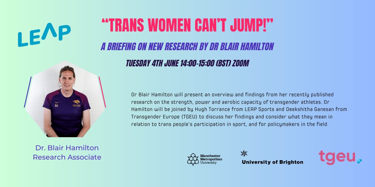 Join us on 4th June for a webinar with <a href="/BlairH_PhD/">Dr. Blair Hamilton</a> on her recently published research on the strength, power and aerobic capacity of transgender athletes.

We look forward to seeing partners from across the sport sector &amp; any policymakers in this space.

leapsports.org/news/webinar-r…