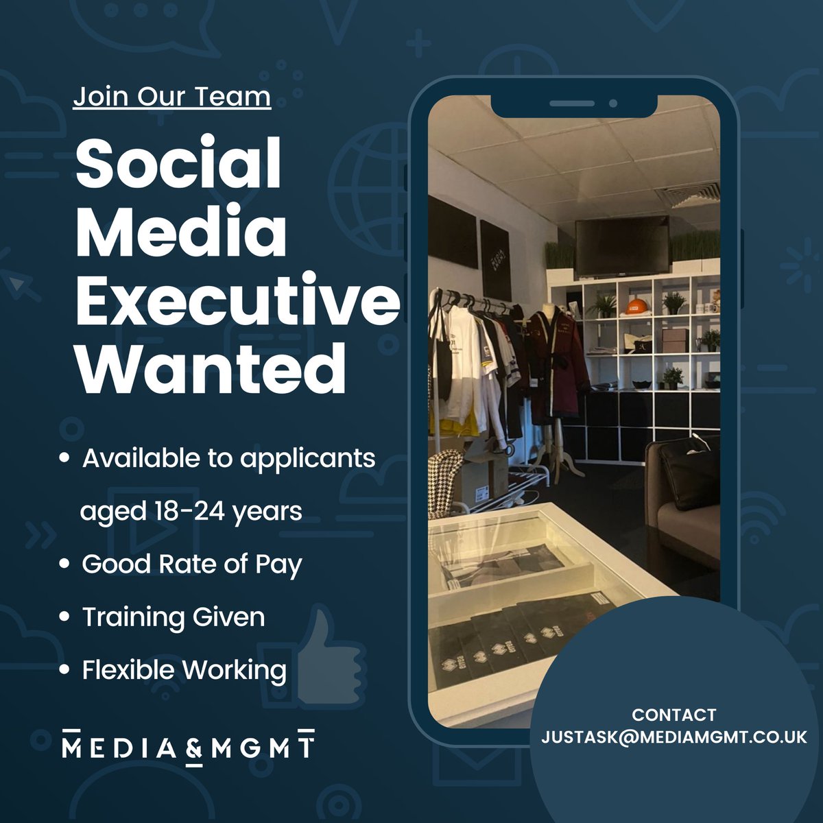 We are looking for a Social Media Executive to join our team. 

The role is available to applicants aged between 18-24 years. 

Training will be given. 
Flexible working. 
Good rates of pay. 

Contact justask@mediamgmt.co.uk 

#socialmedia #socialmediaexecutive #mediamgmt #job