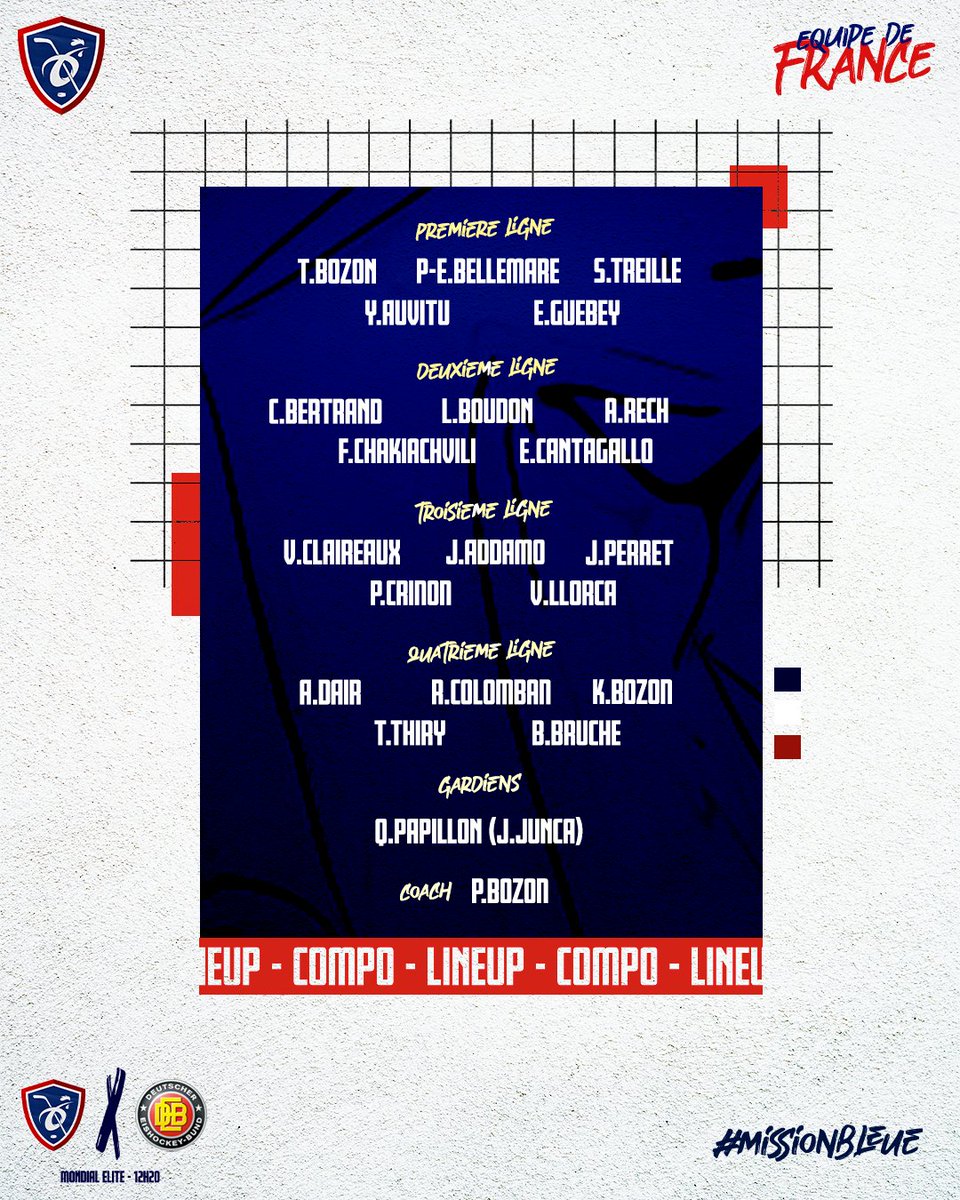Hockey_FRA's tweet photo. La composition choisie par Philippe Bozon pour le dernier match face à l'Allemagne 🇩🇪

⌚️ 12h20
🖥️ Fanseat

#TeamFranceHockey #FRAGER https://t.co/6VwxgjCzQ0