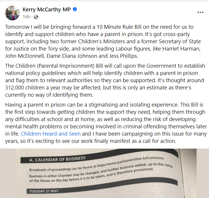 We are excited that @KerryMP will be presenting a Ten Minute Rule Bill on parental imprisonment today. The motion calls for it to be a statutory requirement to identify and support children with a parent in prison. It is fantastic to see that this bill already has cross-party