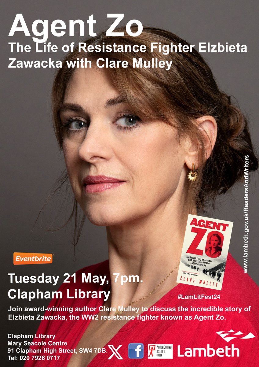 Tonight! - 21st May 7pm at Clapham Library, part of the Lambeth Readers & Writers Festival - @ReadersWritersF - join award-winning author @claremulley for an illustrated talk on her new book about the remarkable 'Agent Zo' FREE - Register via Eventbrite tinyurl.com/yuj4udmj