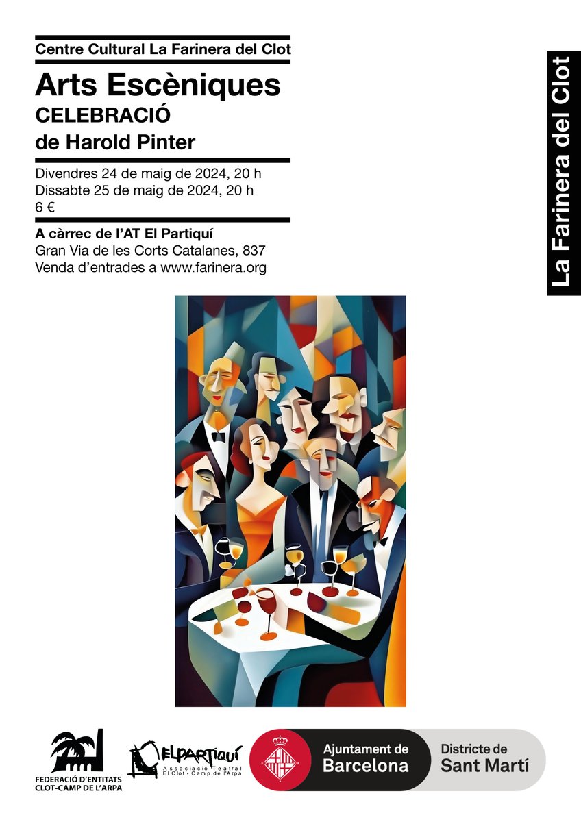 Aq setmana #ElPartiquí puja a l'escenari amb CELEBRACIÓ de #HaroldPinter l'obra escrita en clau de teatre de l’absurd, descriu una conversa entre parelles de l’alta burgesia mentre sopen en un restaurant de luxe. 📆dv 24/5 i ds 25/5, 20h 💰6 € entrades a farinera.org