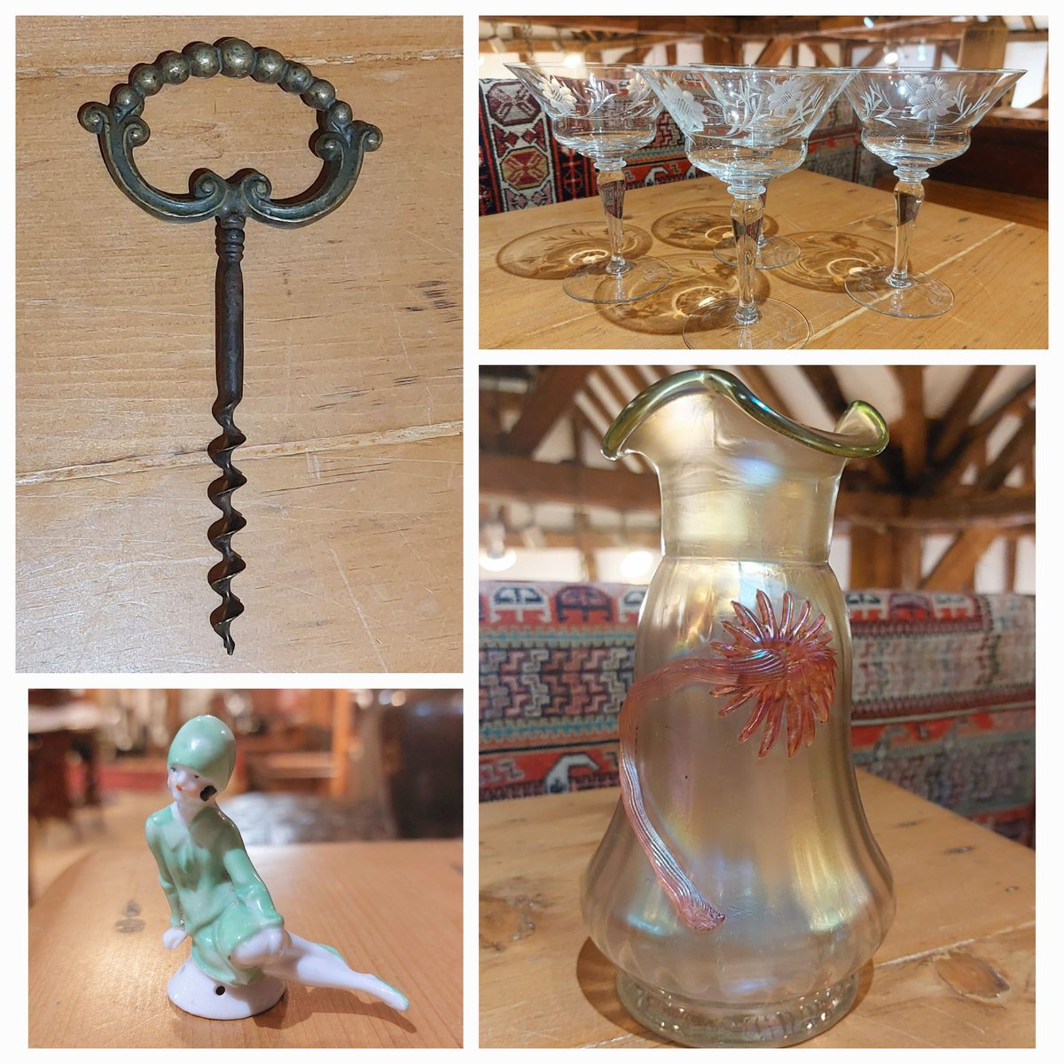 #silkkilim #vintagechampagneglasses #vintagecorkscrew #pindoll #lustreglassvase #judismithantiques #eversleybarnantiques