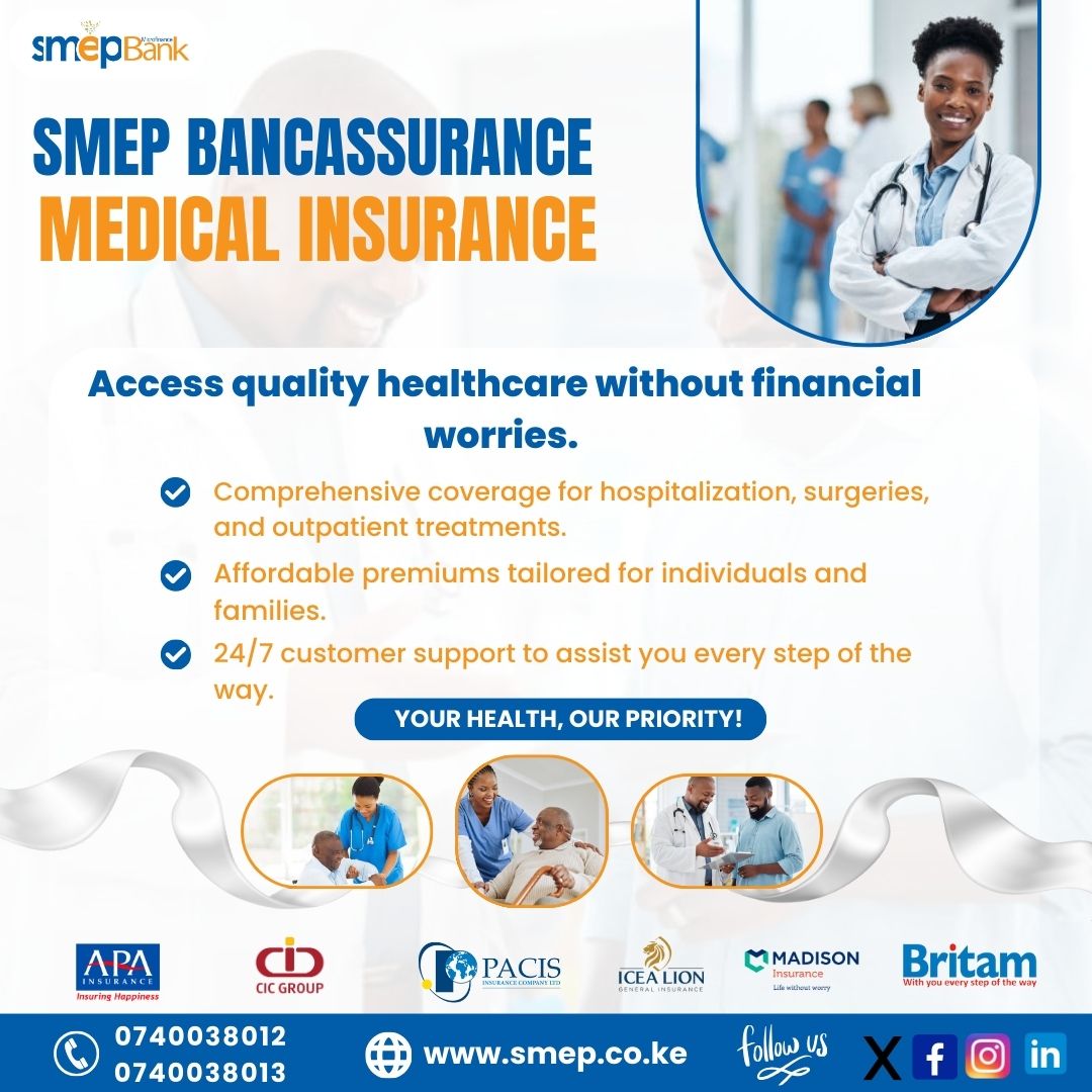 Safeguard Your Health with SMEP Bancassurance!
Comprehensive medical insurance solutions tailored for you and your family. Trust SMEP Bank to provide the coverage you need for peace of mind. Get insured today!

#SMEPBancassurance #MedicalInsurance #HealthCoverage #SMEPBank