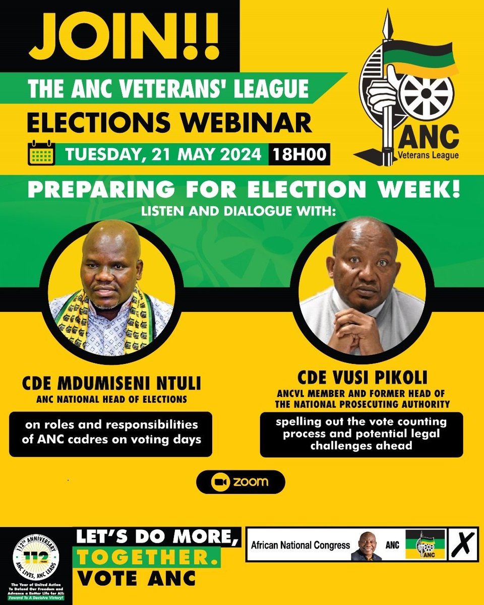 TODAY! DON'T MISS IT! 6PM TO 8PM
Join @MyANC Head of Elections Mdu Ntuli @sompisi_g and @GautengANC @MyANCVL
leader Vusi Pikoli 

Click the link to join:  us02web.zoom.us/j/82820569491?…

#VoteANC2024
#LetsDoMoreTogether
⚫🟢🟡