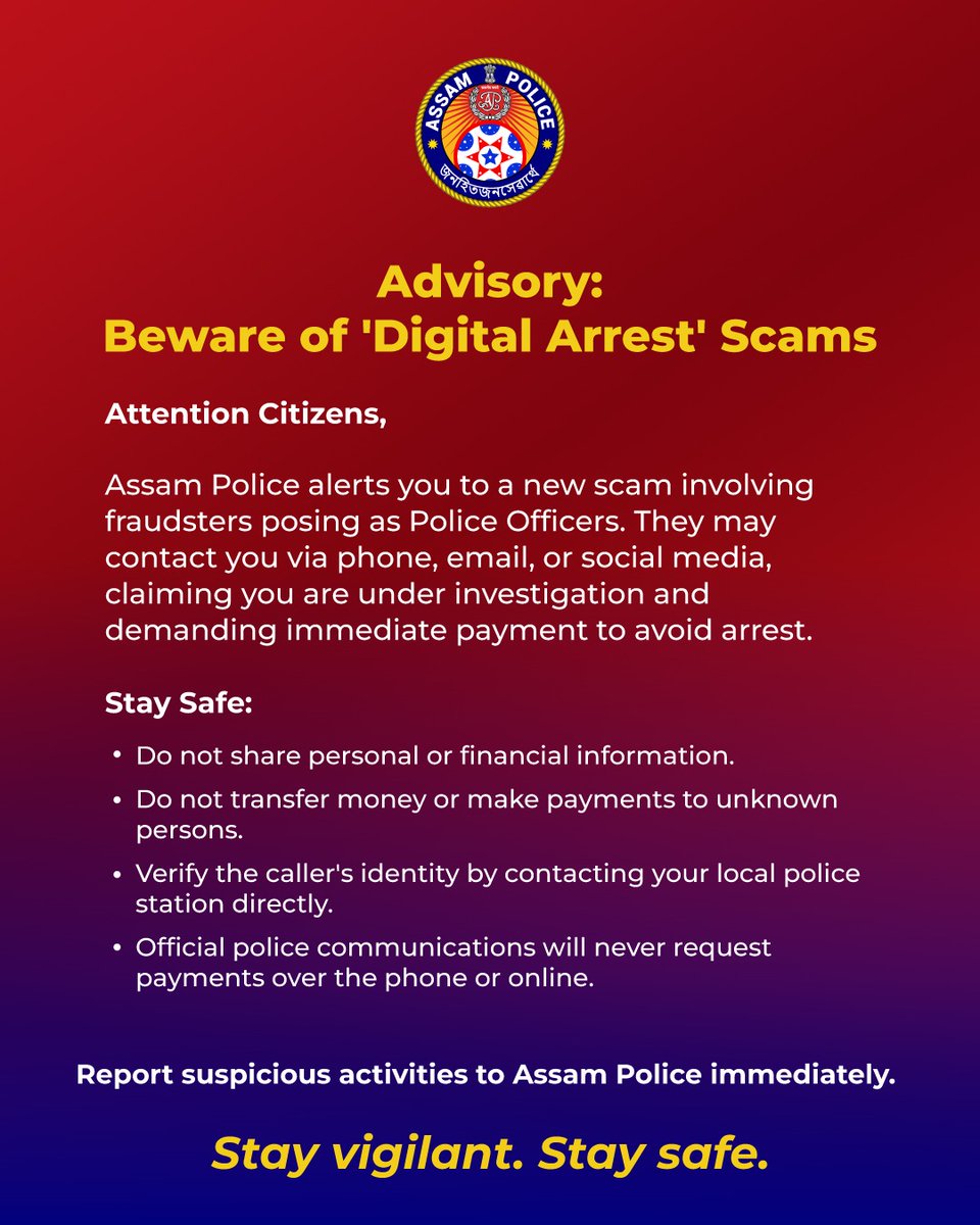 🚨 Important Alert 🚨 Beware of 'Digital Arrest' Scams Scammers may contact you via phone, email, or social media, claiming you are under investigation and demanding immediate payment to avoid arrest. Report suspicious activities to us immediately.