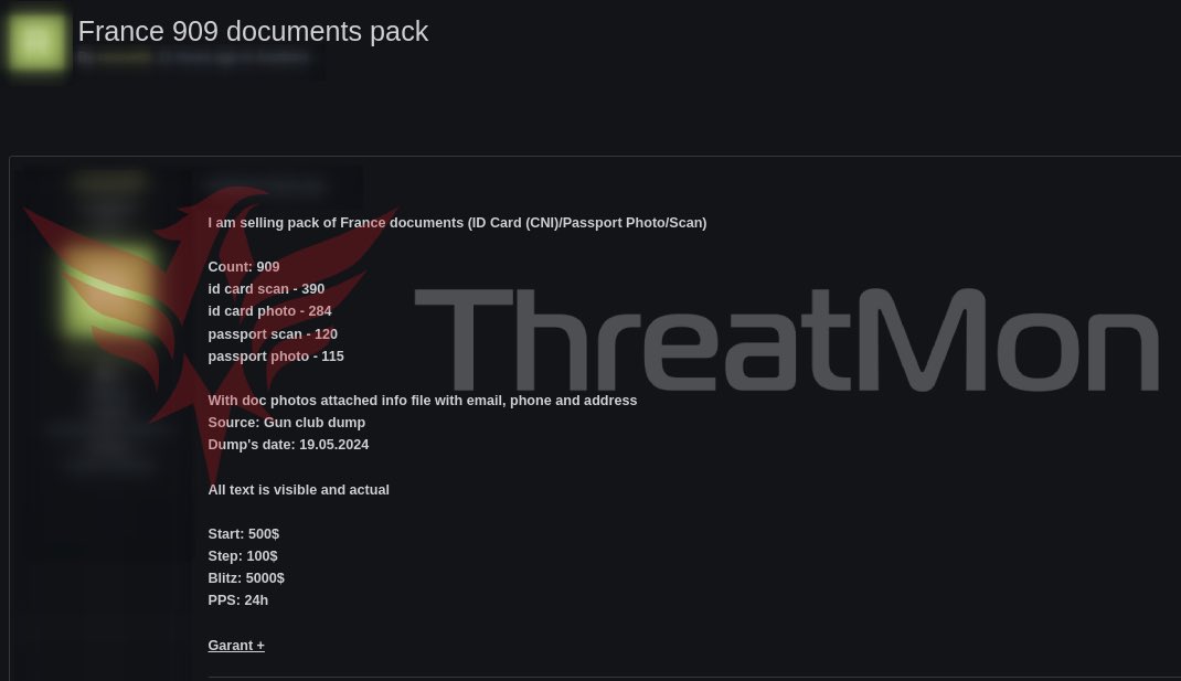 🇫🇷 Alleged Sale of French Documents A threat actor on a popular Russian forum announced the sale of a package of French documents. The database allegedly contains data such as identities, passport photos, addresses, e-mails, etc. #France #Breach #Darkweb #ThreatIntelligence