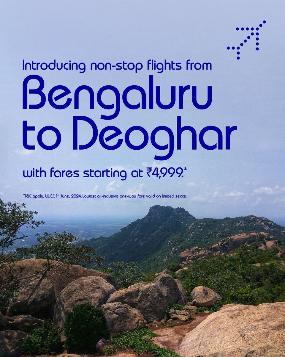 Now flying from #Bengaluru to #Deoghar. Fares starting at ₹4,999*. Book now: bit.ly/3wPWDFe

#goIndiGo #NewRoute #IndiaByIndiGo