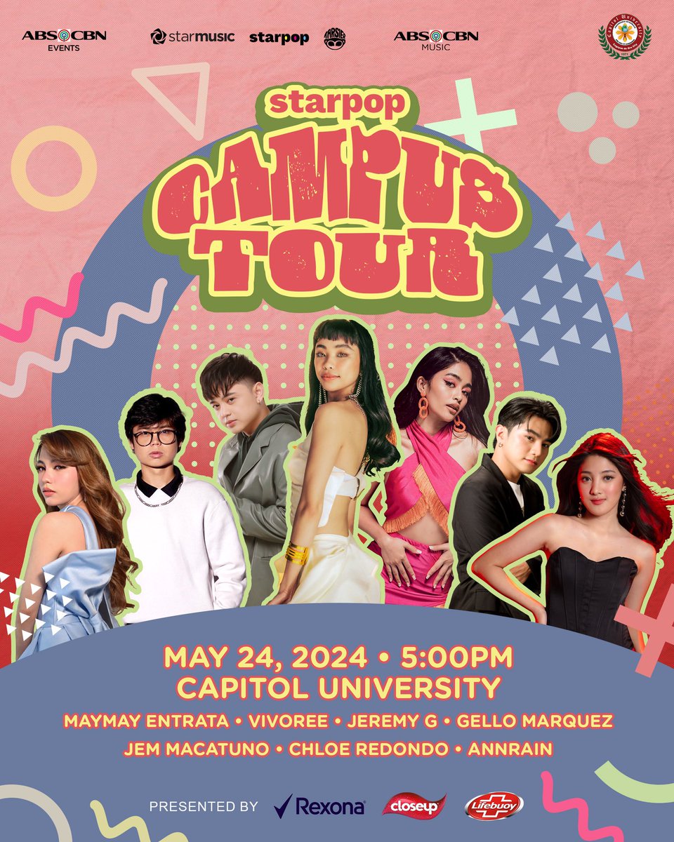 StarPopPH's tweet photo. Your #StarPopCampusTour squad is going back to Capitol University but this time around, mas masaya pa! 🎒🥳

Catch @Jemmacatuns, @imgellomarquez, @imjeremyg, @ChloeRedondo, @annraniel_, @vivoree, and the one and only amakabogera @maymayentrata07 on May 24, 5PM! 🤩 https://t.co/FQa4yLDTso