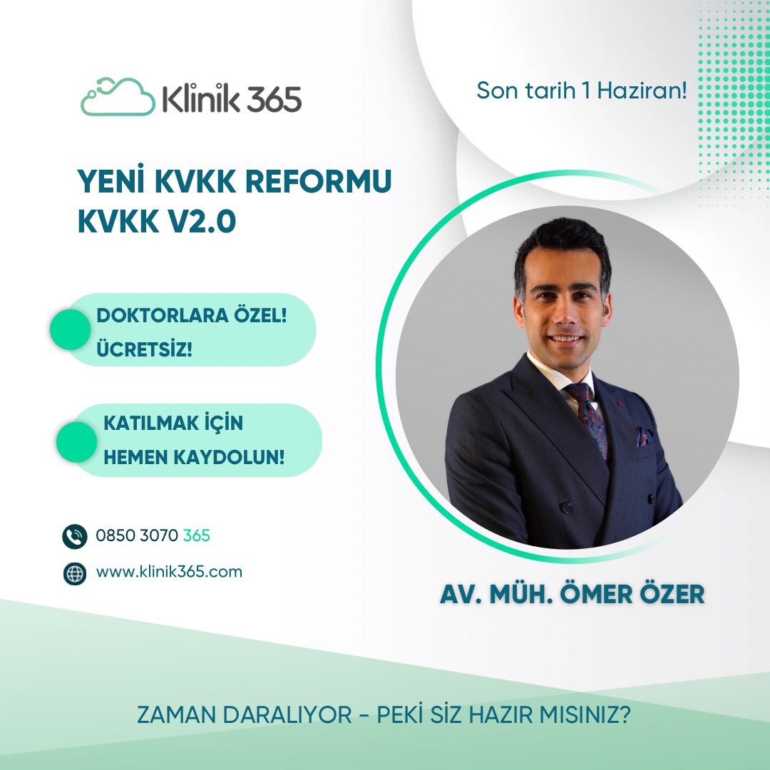 📢 Doktorlara Özel Ücretsiz Online KVKK Eğitimi! 🩺 Zaman daralıyor, siz hazır mısınız? 📅 Detaylar ve kayıt için bilgi çok yakında! 🚀 #klinik365 #KVKK #OnlineEğitim #Doktorlar #Sağlık #Gizlilik #VeriKoruma #ücretsizeğitim #onlinedoktor #onlinediyetisyen #onlinepsikolog