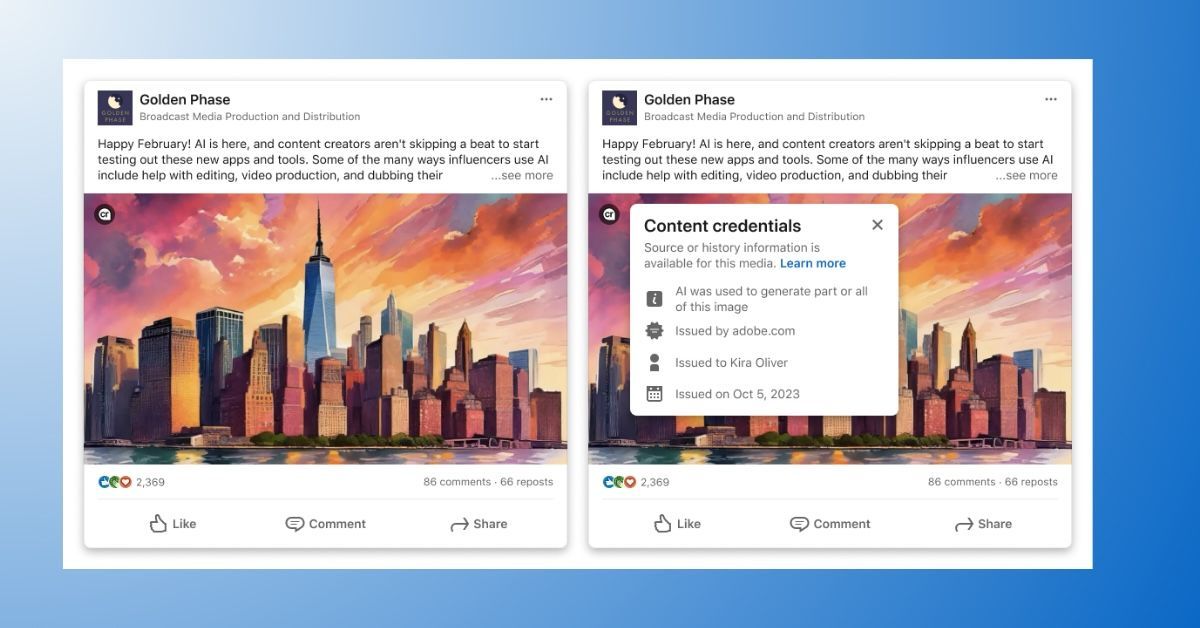 BlogModerateur's tweet photo. 🔖 🤖 Sur LinkedIn, un marqueur indiquera si une image a été modifiée ou éditée à l’aide d’outils d’IA générative.

En savoir plus 👇 
https://t.co/r4atoQsEax https://t.co/ZZOkwGPgCR