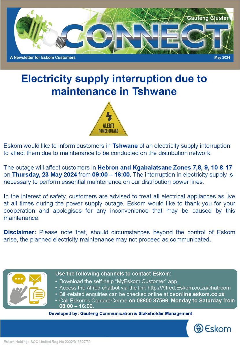 #EskomGauteng #PlannedOutage #Tshwane Electricity supply interruption due to planned maintenance in Hebron and Kgabalatsane on Thursday, 23 May 2024 from 09:00 to 16:00.