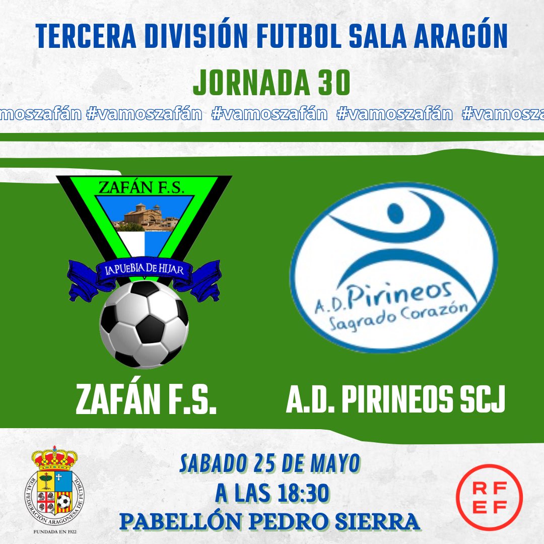 Zafanfs's tweet photo. ————𝗝𝗢𝗥𝗡𝗔𝗗𝗔 3️⃣0️⃣————

🆚 @ADPirineos 

🏟 Pab. Pedro Sierra (La Puebla de Hijar)

🗓25/05/2024

⏰18:30

🏆3ª División 

⚠️Último partido de liga, ZAFÁN F.S. depende de sí mismo para salvar la categoría y disfrutar por 3er año consecutivo de la 3ª div⚠️

¡¡ OS ESPERAMOS !! https://t.co/j5YtOpI3Hs
