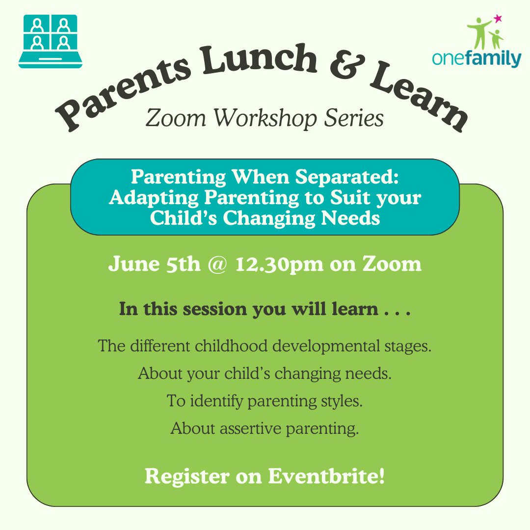 Check out our next Parents Lunch & Learn Workshop! This session covers different parenting styles, child development stages and how to support your child's changing needs. #parenting To learn more about the workshop or how to register click here: onefamily.ie/parenting-when…