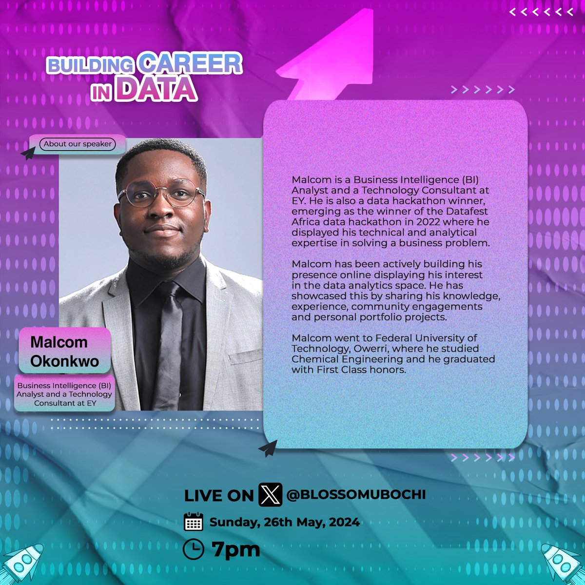 @malcom_okonkwo is saying 'be there' he's going to be sharing his data journey with us. So, if you're a student trying to build a career in data you should be here.