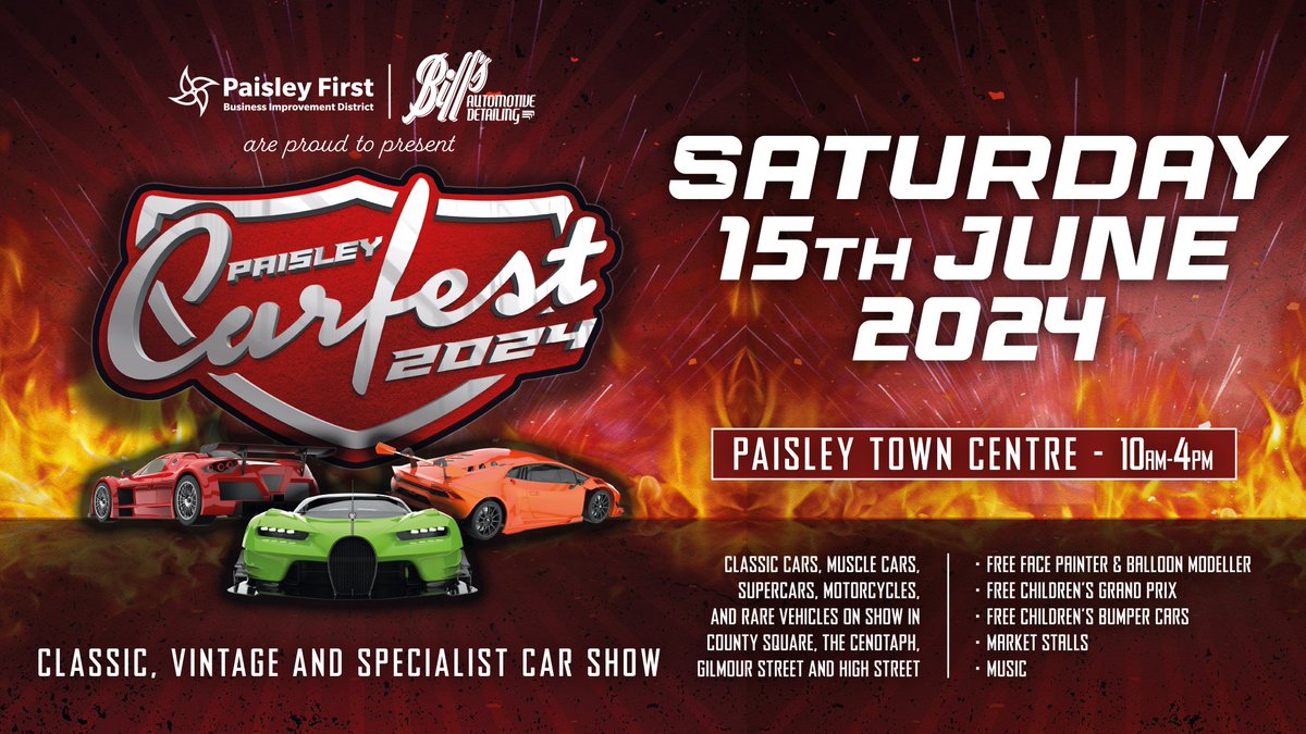 Paisley's CarFest returns to Paisley town centre on Saturday 15th June! As well as treats for motor enthusiasts, there will be plenty of free family friendly fun with live music, market stalls and free entertainment. Find out more: tinyurl.com/ycxe564p