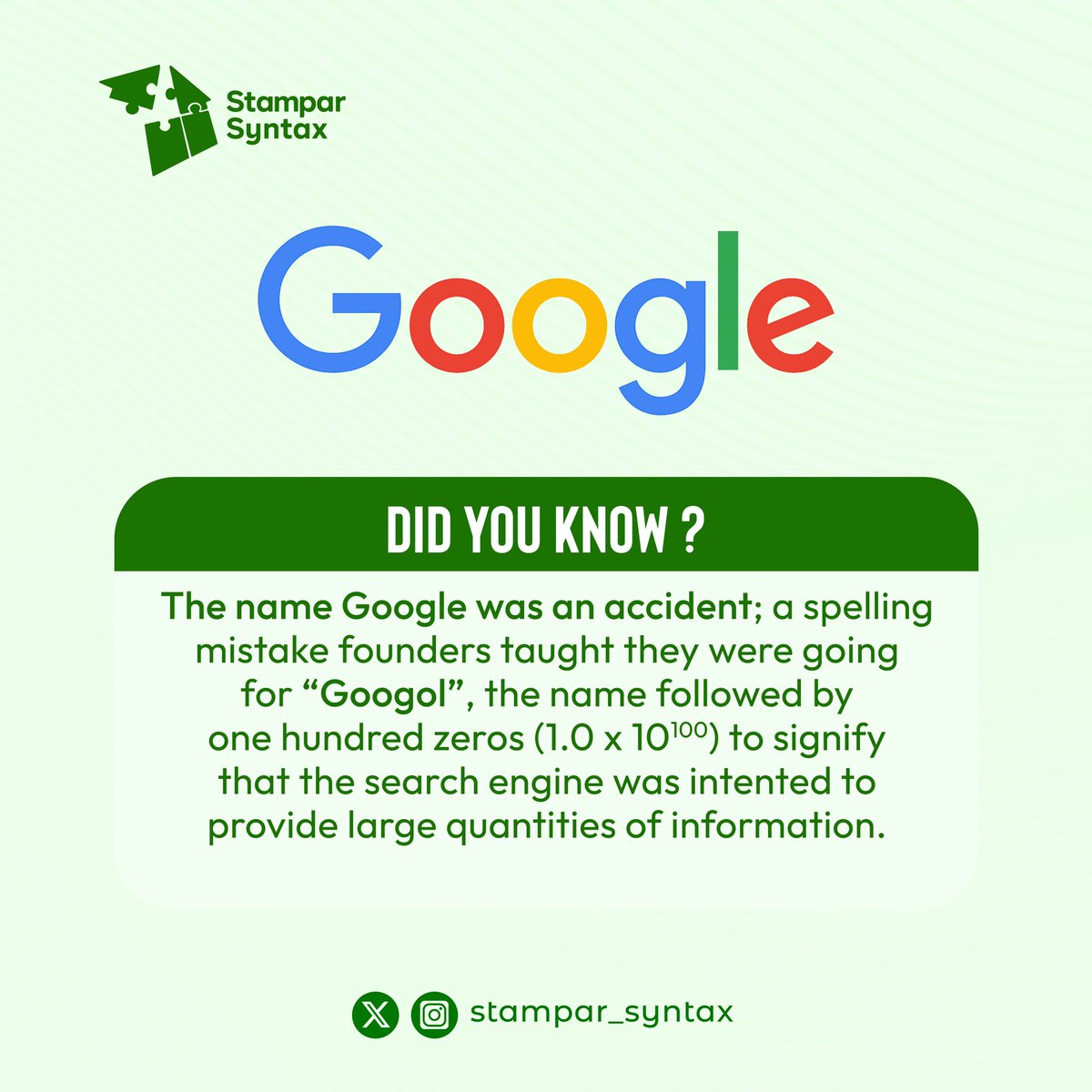 🤔Did you know? The name ‘Google’ was a happy accident! 🌐 

Learn more interesting tech facts with us. 
#StamparSyntax #techtrivia #tech #didyouknow #facts #innovation