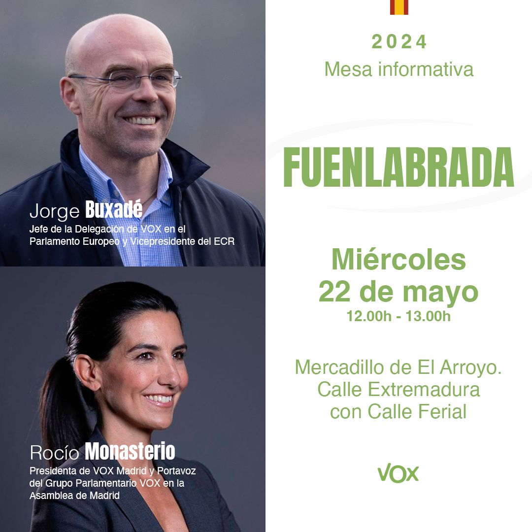 Este miércoles 22 de mayo a las 12:00, ven a la mesa informativa en el Mercadillo de El Arroyo de Fuenlabrada. ✅ No faltes; el futuro es nuestro. 📢 Acompaña a @Jorgebuxade, @monasterioR y a @Isabelperezmoi1