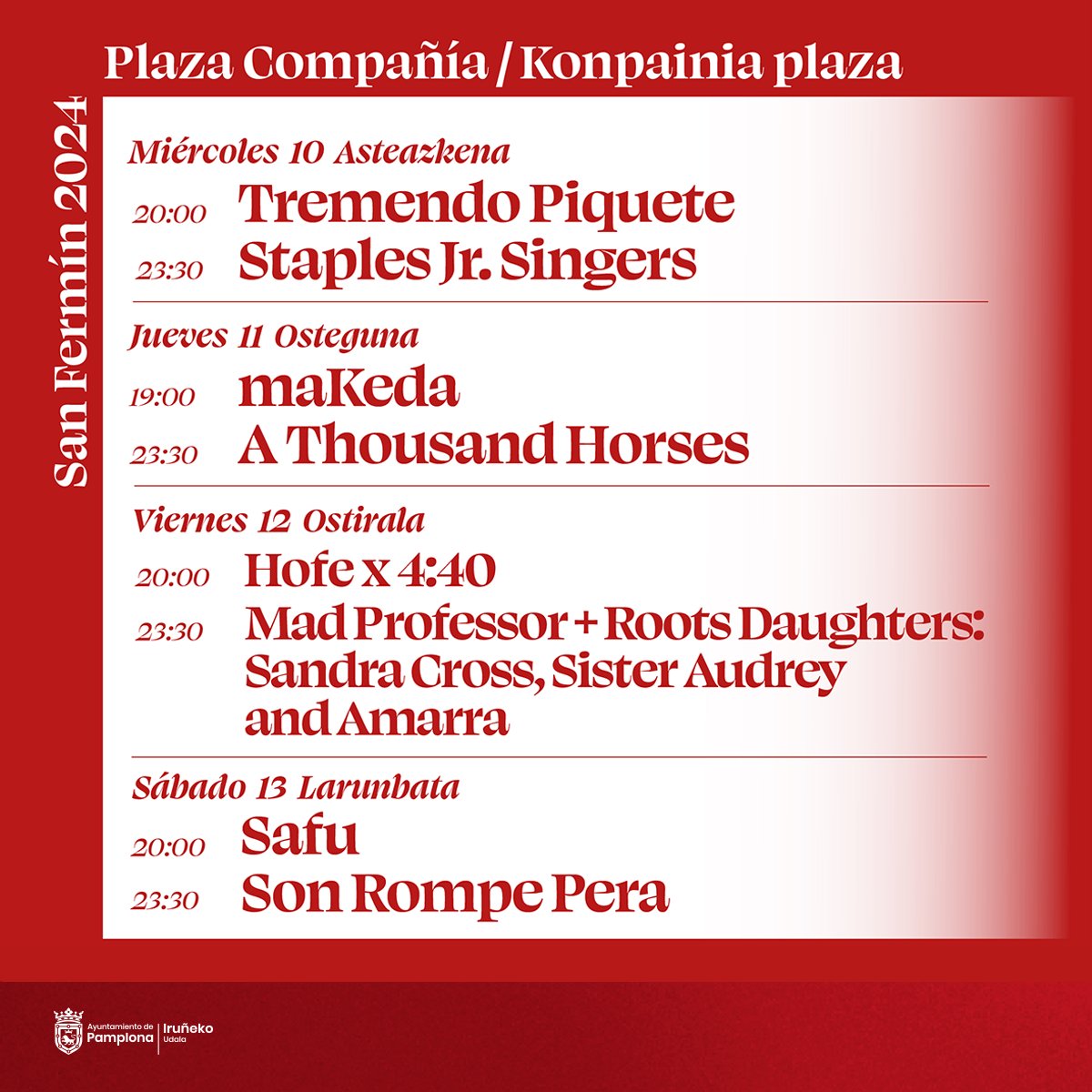 🎤🪇🔻 El escenario de Compañía ofrece estos Sanfermines en doble cita, a las 20 y las 23.30, jazz, reggae, dub, góspel, country rock, punk o electrónica, junto a artistas locales 🎊🔛 #SanferminesPamplona #Sanfermines2024 #YaFaltaMenos 🎧 +INFO: pamplona.es/actualidad/not…