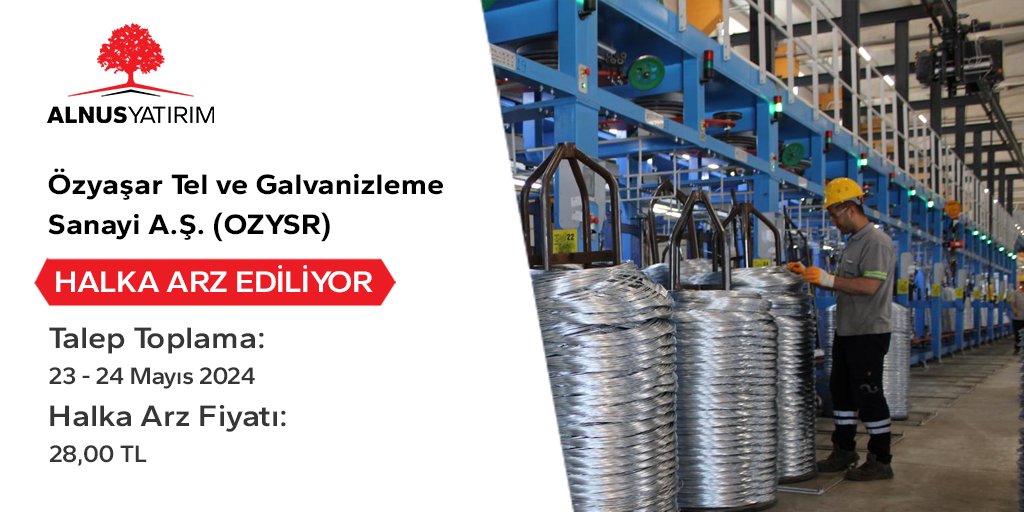 Özyaşar Tel ve Galvanizleme Sanayi A.Ş. Halka Arz Oluyor! Özyaşar Tel ve Galvanizleme Sanayi A.Ş. (OZYSR) halka arz fiyatı 28,00 TL Başvuru için tıklayınız: alnusyatirim.com/halka-arz-habe… #alnusyatirim #halkaarz #hisse #borsa #hissesenedi #Özyaşar