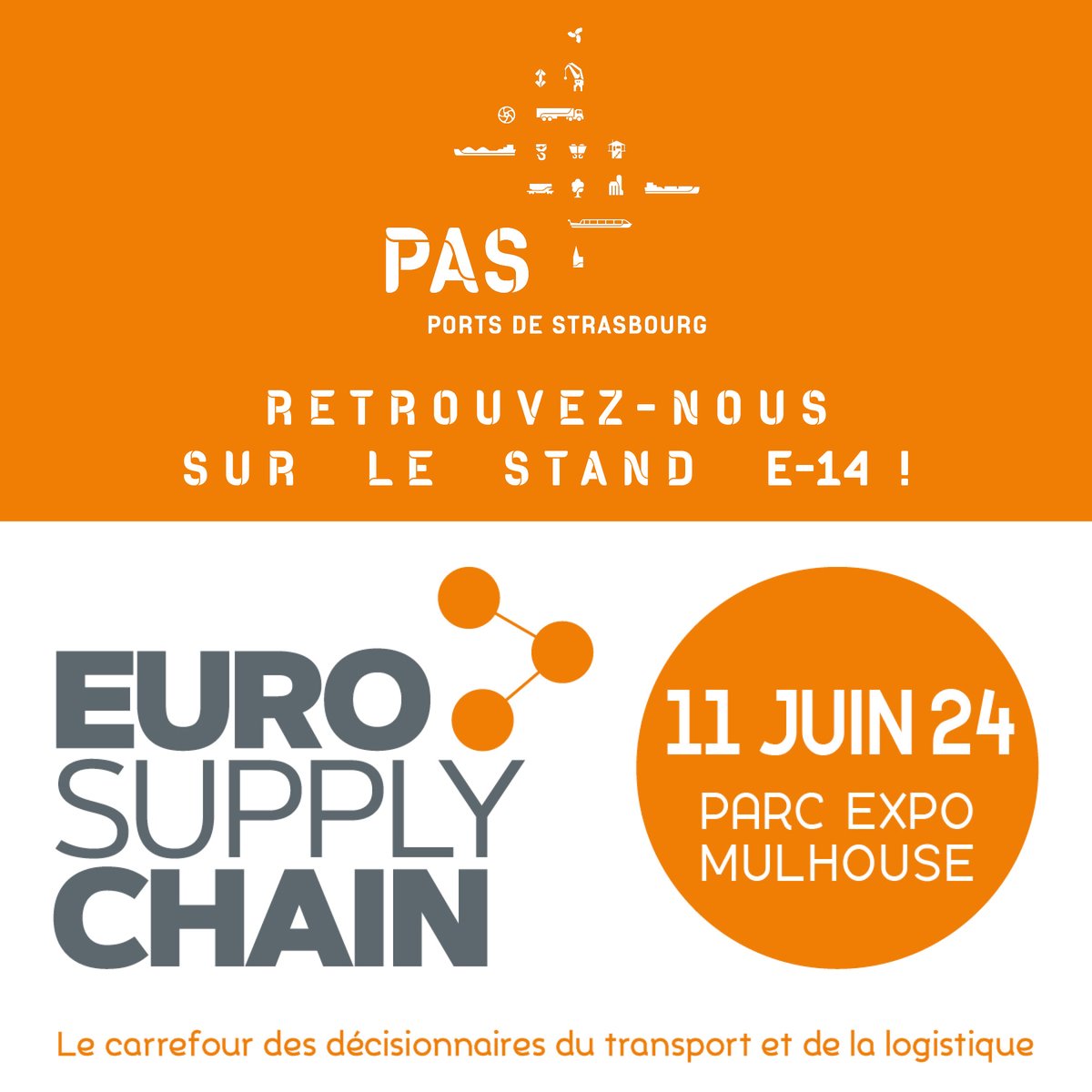 [Salon <a href="/eurosupplyC/">EuroSupplyChain</a>]
Rdv le 11/06 au Parc Expo de #Mulhouse stand E-14 pour rencontrer l'équipe des <a href="/PortsStrasbourg/">Ports de Strasbourg - PAS</a>  et échanger autour du #transport et de la #logistique.
ℹ️➡️eurosupplychain.fr/fr/
#salonprofessionnel #ESC2024 #Alsace