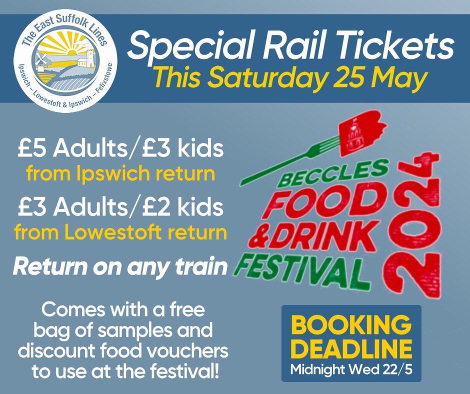 The @BecclesFoodFest is Saturday!Free entry! The finest food/drink, 60+ stalls, music, kids entertainment. We've teamed up @greateranglia for a fab fare that includes a free bag of samples & vouchers to use at the stalls! Book rail tickets by midnight 22/5 railplus.greateranglia.co.uk/community-rail…