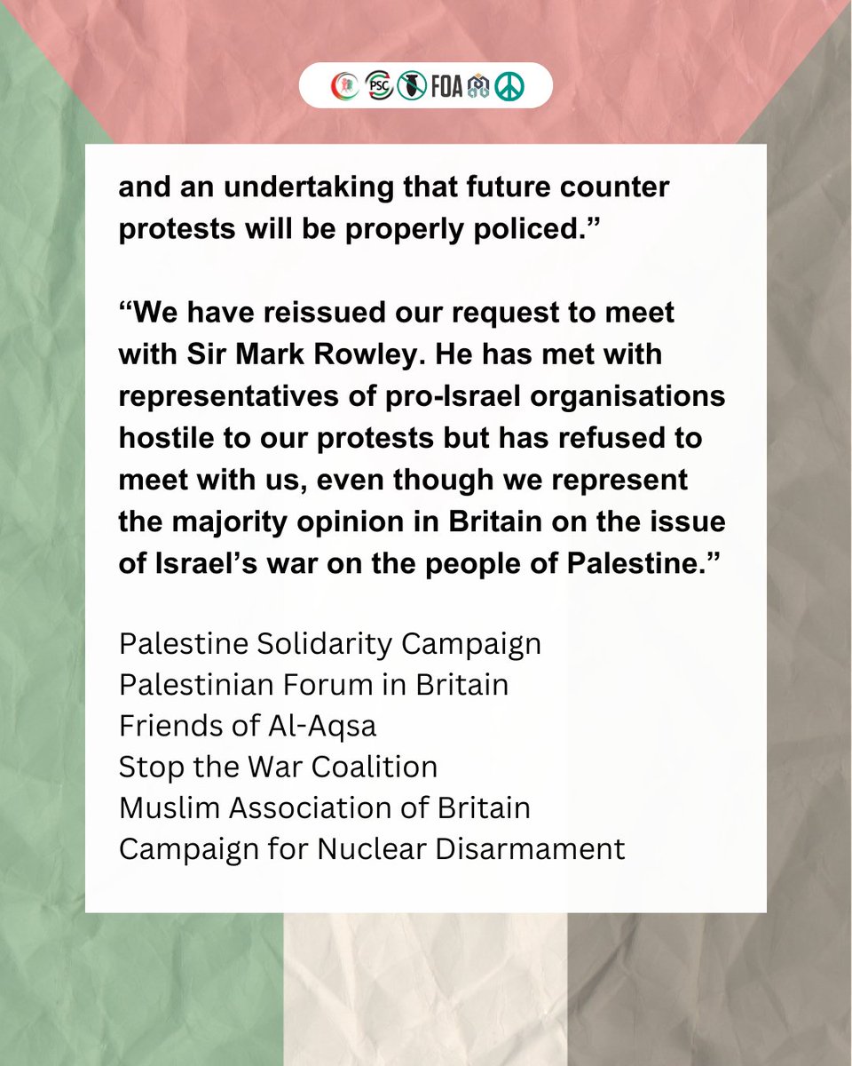 Statement from the Organisers of last Saturday's #Nakba76 demonstration, demanding a meeting with @metpoliceuk commissioner Mark Rowley, after stewards and demonstrations were subjected to threatening abuse from counter-protestors.