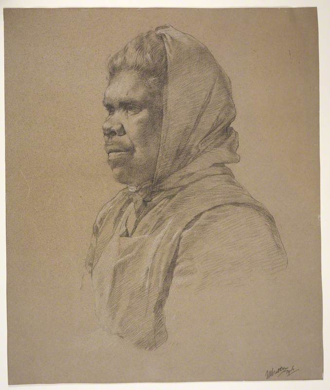 Fred C. Britton 🏴󠁧󠁢󠁥󠁮󠁧󠁿🇦🇺 (b. 21.5.1889) 'An Australian Aborigine' (1916) Charcoal on brown-toned paper 50.3 x 42.3 cm @HarrisPreston Migrated to Australia in 1910