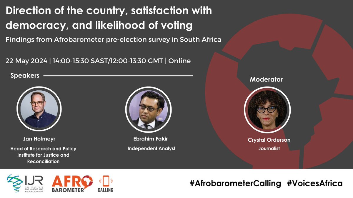 We're excited to reveal our speakers for the upcoming webinar on Wednesday, 22 May, where IJR in collaboration with @Afrobarometer, will unveil key findings from a pre-election telephone survey. Join us by registering on this link: eventbrite.com/e/webinar-on-a…