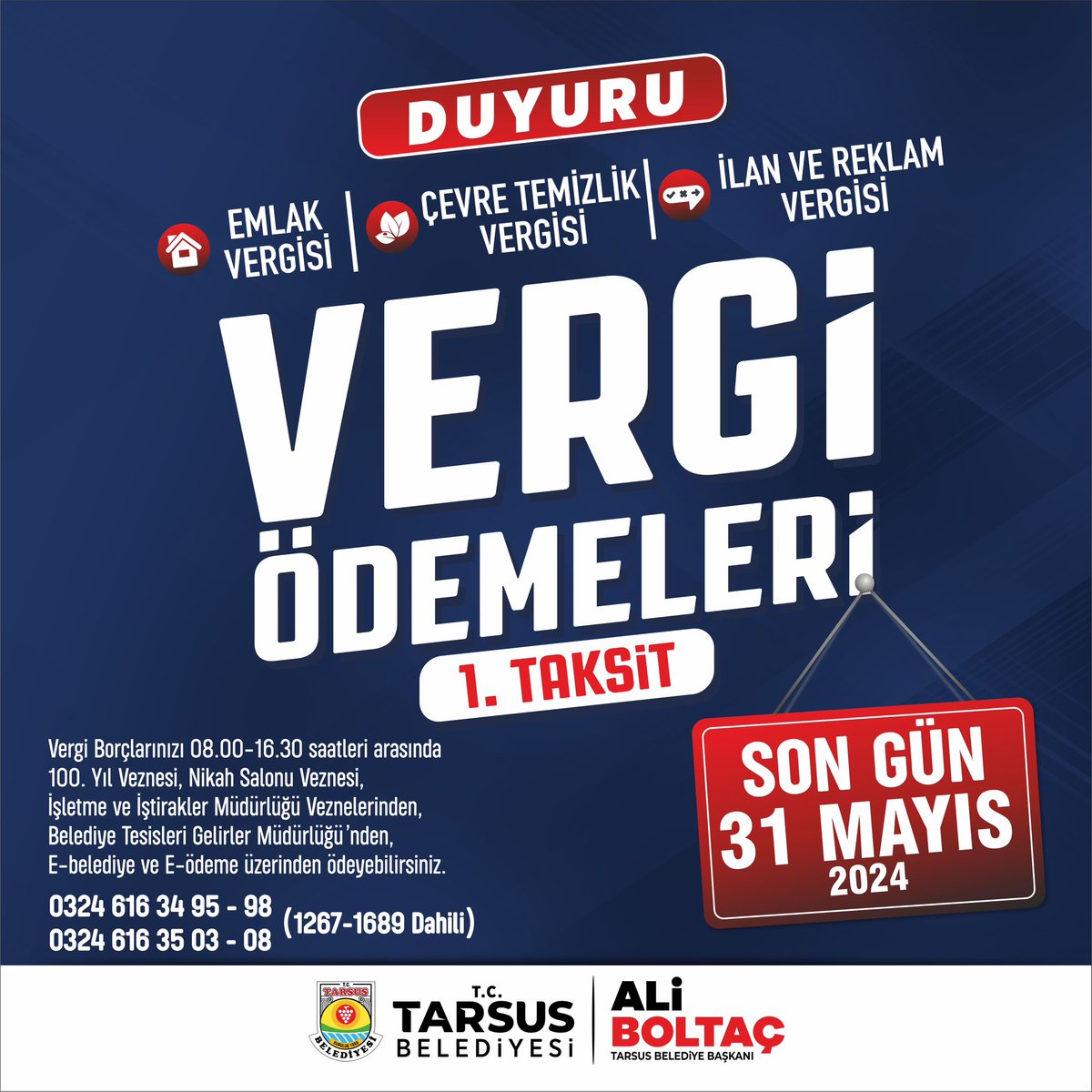 Vergi borçlarınızı 08.00-16.30 saatleri arasında 100. yıl veznesi, nikah salonu veznesi, İşletme ve İştirakler Müdürlüğü veznelerinden, Belediye Tesisleri Gelirler Müdürlüğü’nden, e-belediye ve e-ödeme üzerinden ödeyebilirsiniz. Telefon 0324 616 34 95-98 0324 616 35 03-08