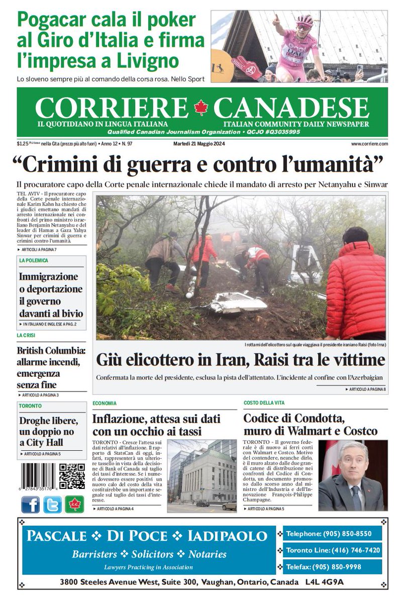 Buongiorno a tutti con la prima pagina di oggi 🇮🇹🇨🇦🇮🇹 seguiteci anche on line: corriere.com

#ethnicpress #stampaetnica
#ethnicmedia #newspapers
#italians #italianiallestero