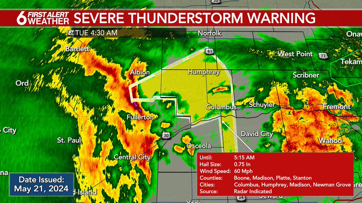 FIRST ALERT: A Severe Thunderstorm Warning is currently in effect for Platte, Madison, Butler, Boone, Stanton counties until May 21 5:15AM. Check the WOWT First Alert Weather app and 6 News on air for more information.