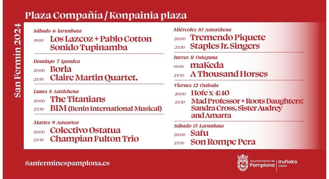 🔻Estos son los conciertos para estos #Sanfermines 2024 en Plaza del Castillo y Plaza Compañia.
🔻Hauexek dira San Fermin Jaietako Gaztelu eta Konpañia Plazako kontzertuak
FESTARO.ES
#SanFermin #SF24 #SFestaro #Navarra #Nafarroa #Pamplona